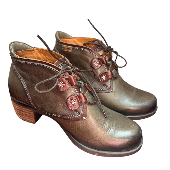 PIKOLINOS US 6 Le Mans Lace-Up Green Leather Ankle Boots Block Witchy Grannycore - Picture 1 of 9